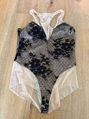 Wolford Black Floral Lace Bodysuit with Cream Sheer Panels